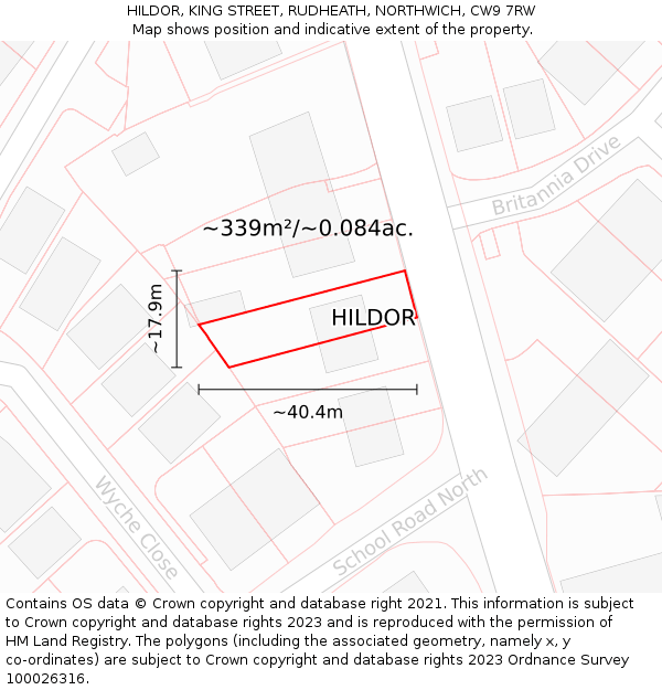 HILDOR, KING STREET, RUDHEATH, NORTHWICH, CW9 7RW: Plot and title map