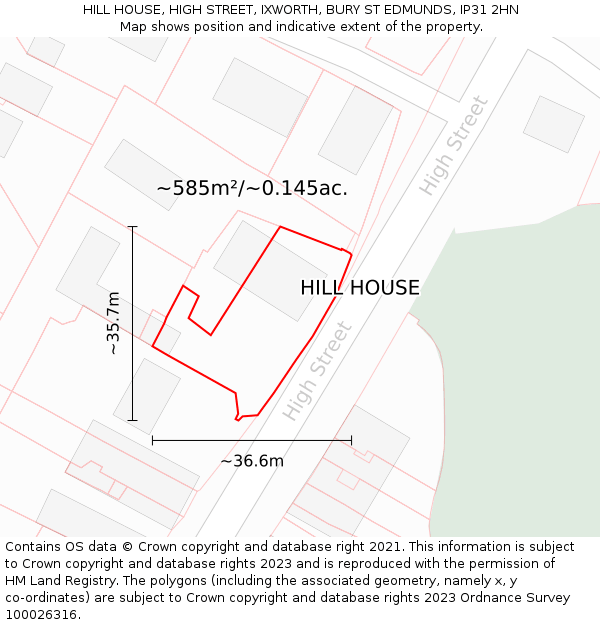 HILL HOUSE, HIGH STREET, IXWORTH, BURY ST EDMUNDS, IP31 2HN: Plot and title map