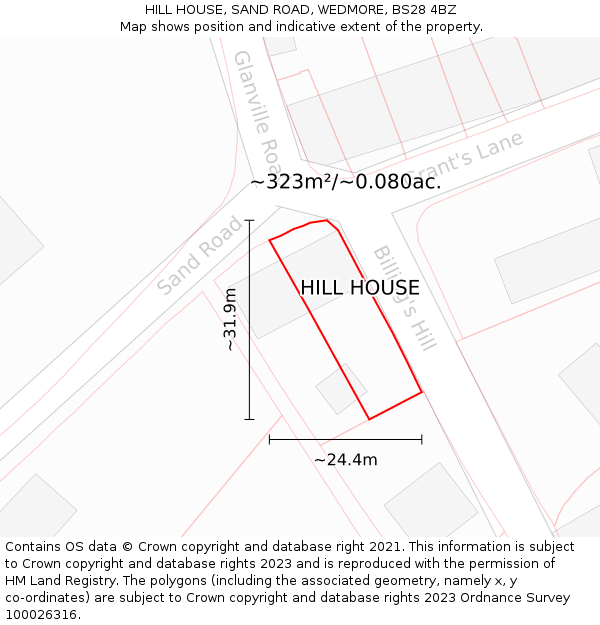 HILL HOUSE, SAND ROAD, WEDMORE, BS28 4BZ: Plot and title map