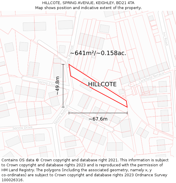 HILLCOTE, SPRING AVENUE, KEIGHLEY, BD21 4TA: Plot and title map