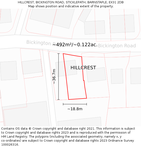 HILLCREST, BICKINGTON ROAD, STICKLEPATH, BARNSTAPLE, EX31 2DB: Plot and title map