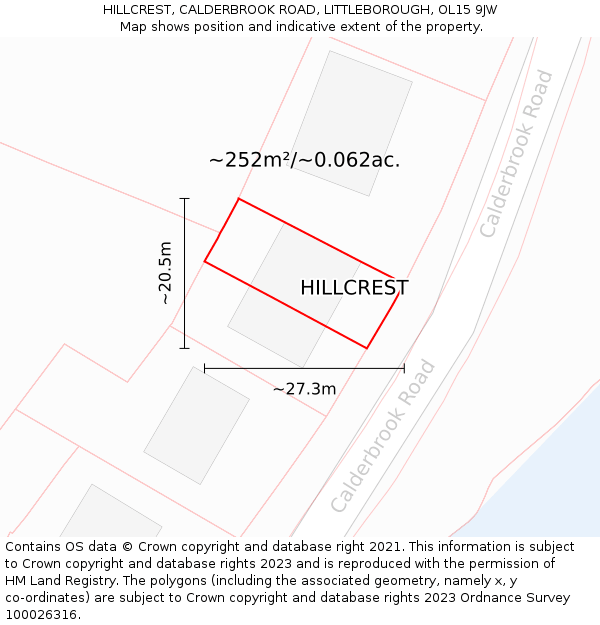 HILLCREST, CALDERBROOK ROAD, LITTLEBOROUGH, OL15 9JW: Plot and title map