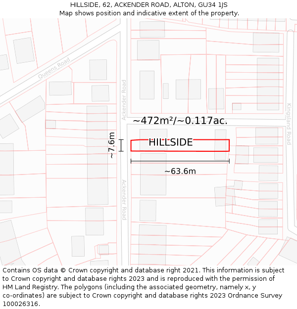 HILLSIDE, 62, ACKENDER ROAD, ALTON, GU34 1JS: Plot and title map