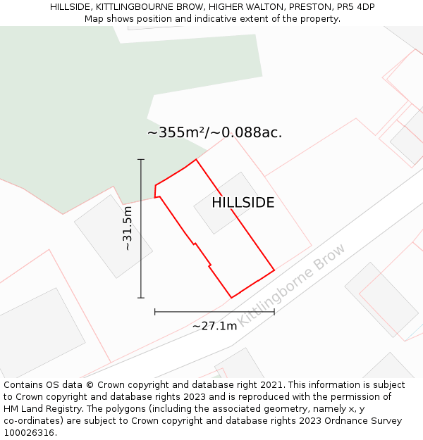 HILLSIDE, KITTLINGBOURNE BROW, HIGHER WALTON, PRESTON, PR5 4DP: Plot and title map