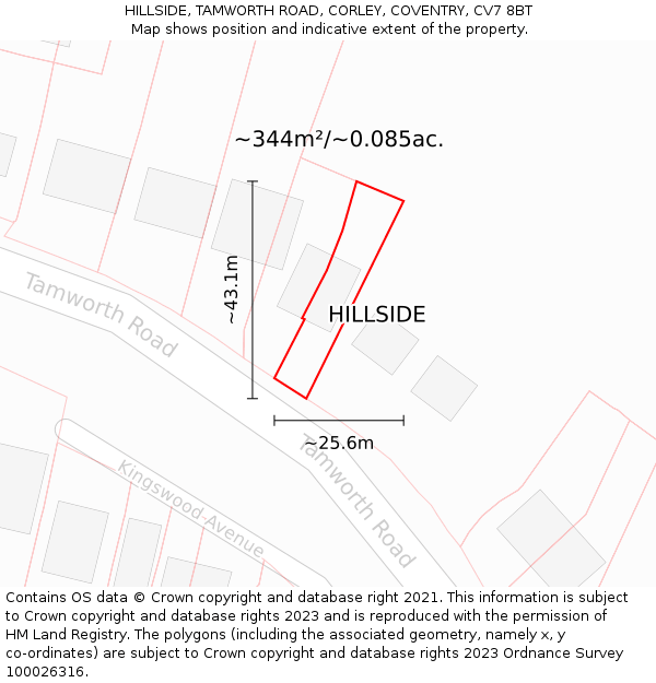 HILLSIDE, TAMWORTH ROAD, CORLEY, COVENTRY, CV7 8BT: Plot and title map