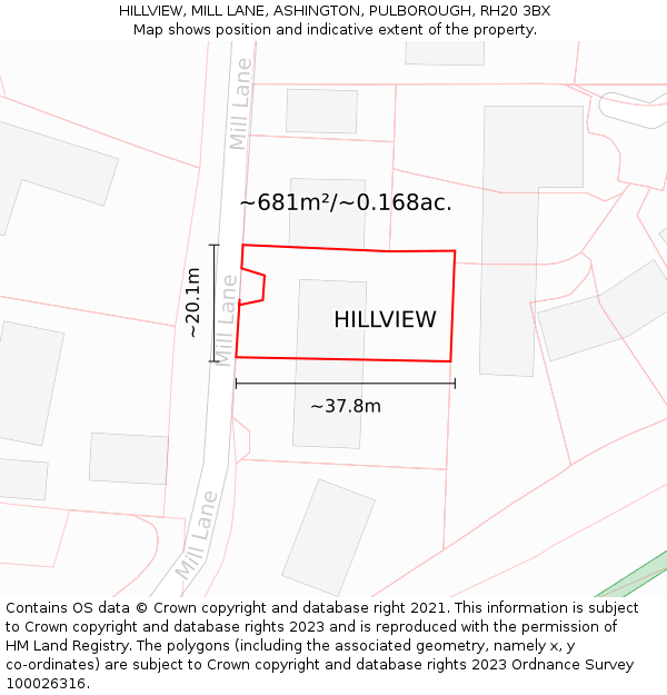 HILLVIEW, MILL LANE, ASHINGTON, PULBOROUGH, RH20 3BX: Plot and title map