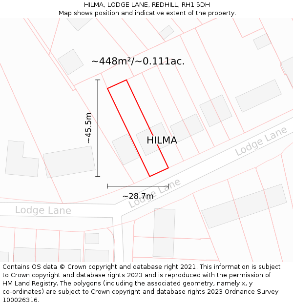 HILMA, LODGE LANE, REDHILL, RH1 5DH: Plot and title map