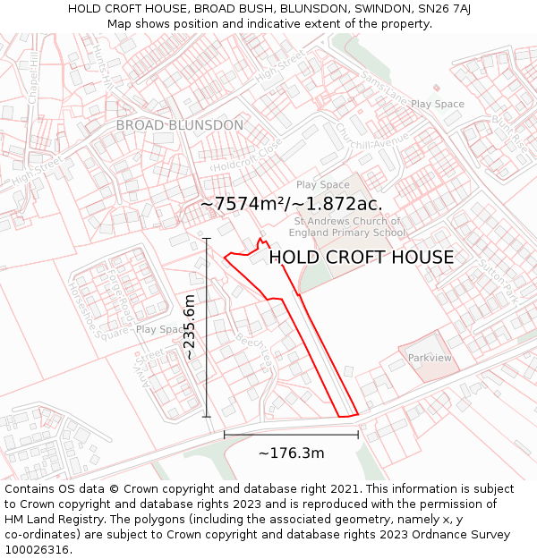 HOLD CROFT HOUSE, BROAD BUSH, BLUNSDON, SWINDON, SN26 7AJ: Plot and title map