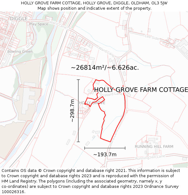 HOLLY GROVE FARM COTTAGE, HOLLY GROVE, DIGGLE, OLDHAM, OL3 5JW: Plot and title map