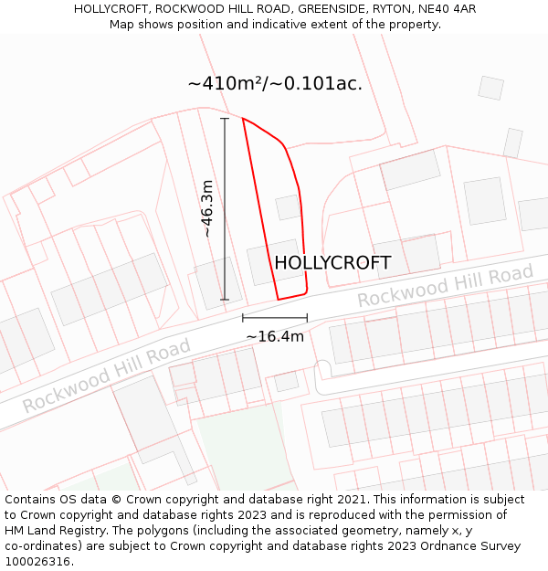 HOLLYCROFT, ROCKWOOD HILL ROAD, GREENSIDE, RYTON, NE40 4AR: Plot and title map