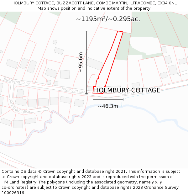 HOLMBURY COTTAGE, BUZZACOTT LANE, COMBE MARTIN, ILFRACOMBE, EX34 0NL: Plot and title map