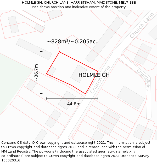 HOLMLEIGH, CHURCH LANE, HARRIETSHAM, MAIDSTONE, ME17 1BE: Plot and title map