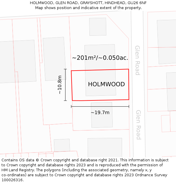 HOLMWOOD, GLEN ROAD, GRAYSHOTT, HINDHEAD, GU26 6NF: Plot and title map