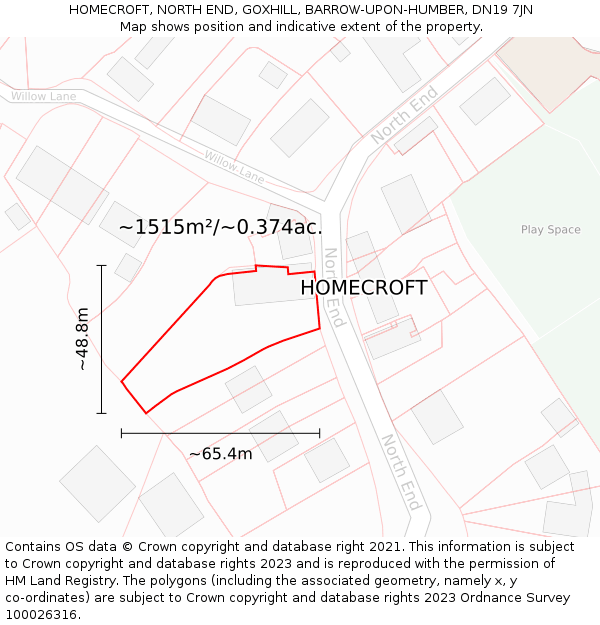 HOMECROFT, NORTH END, GOXHILL, BARROW-UPON-HUMBER, DN19 7JN: Plot and title map