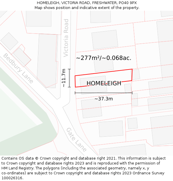 HOMELEIGH, VICTORIA ROAD, FRESHWATER, PO40 9PX: Plot and title map