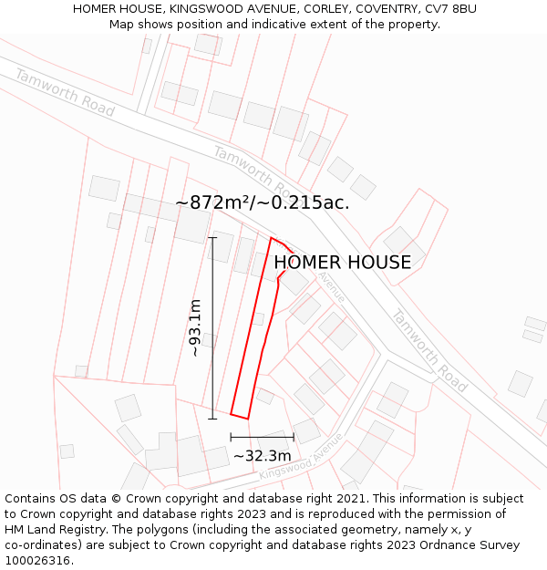 HOMER HOUSE, KINGSWOOD AVENUE, CORLEY, COVENTRY, CV7 8BU: Plot and title map