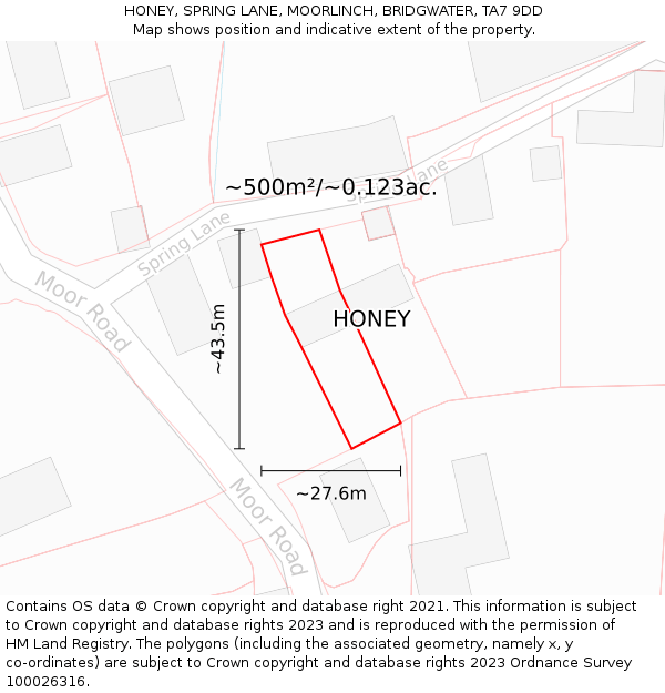 HONEY, SPRING LANE, MOORLINCH, BRIDGWATER, TA7 9DD: Plot and title map