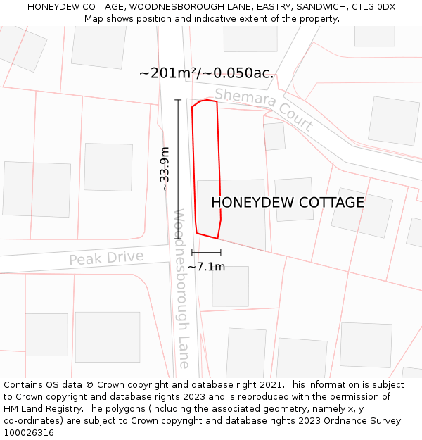 HONEYDEW COTTAGE, WOODNESBOROUGH LANE, EASTRY, SANDWICH, CT13 0DX: Plot and title map