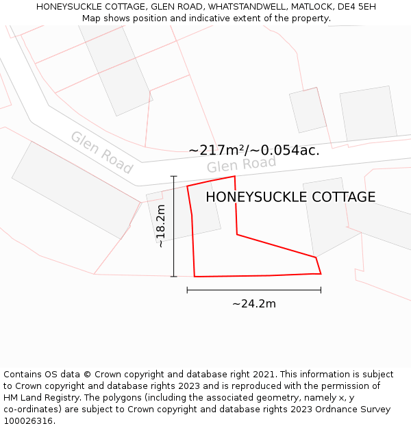 HONEYSUCKLE COTTAGE, GLEN ROAD, WHATSTANDWELL, MATLOCK, DE4 5EH: Plot and title map