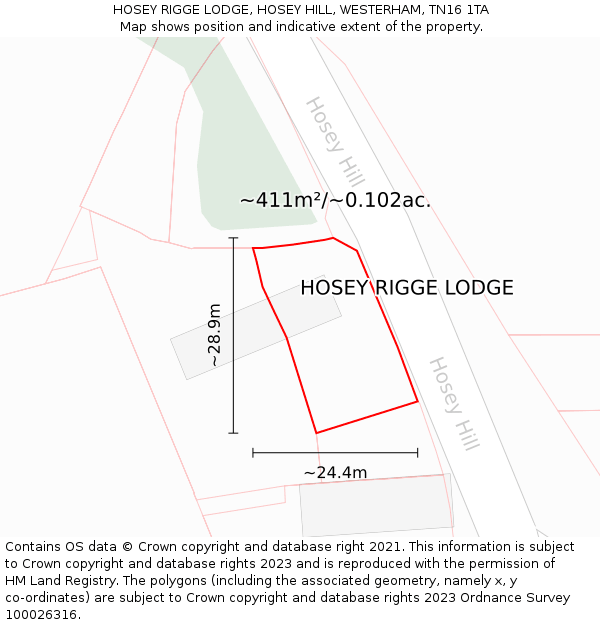 HOSEY RIGGE LODGE, HOSEY HILL, WESTERHAM, TN16 1TA: Plot and title map