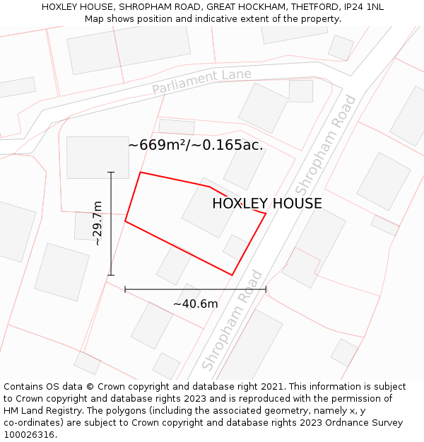 HOXLEY HOUSE, SHROPHAM ROAD, GREAT HOCKHAM, THETFORD, IP24 1NL: Plot and title map