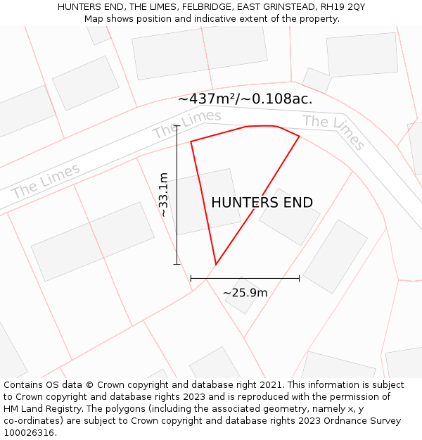 HUNTERS END, THE LIMES, FELBRIDGE, EAST GRINSTEAD, RH19 2QY: Plot and title map