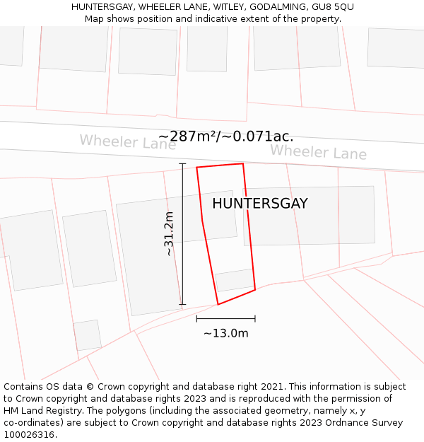 HUNTERSGAY, WHEELER LANE, WITLEY, GODALMING, GU8 5QU: Plot and title map