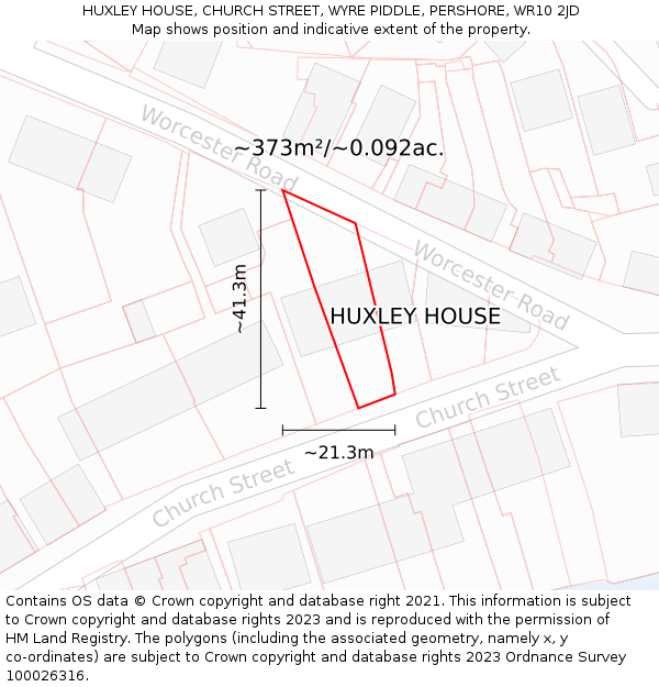 HUXLEY HOUSE, CHURCH STREET, WYRE PIDDLE, PERSHORE, WR10 2JD: Plot and title map