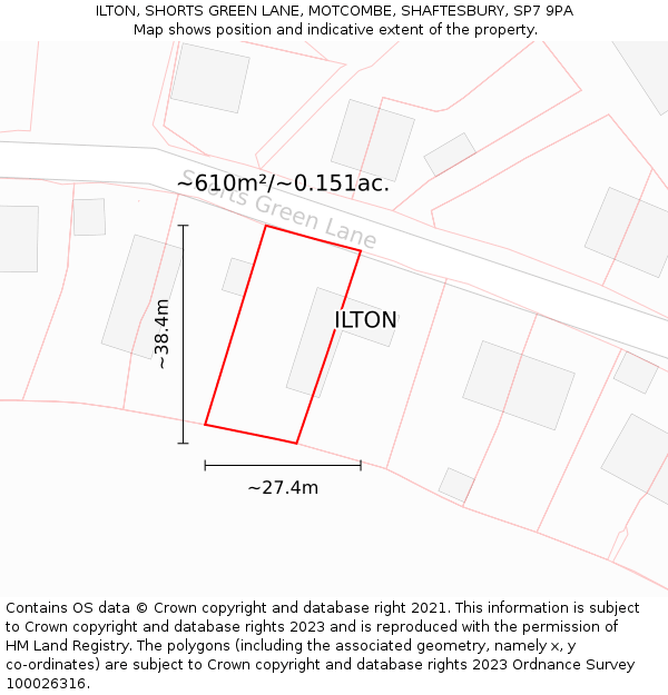 ILTON, SHORTS GREEN LANE, MOTCOMBE, SHAFTESBURY, SP7 9PA: Plot and title map