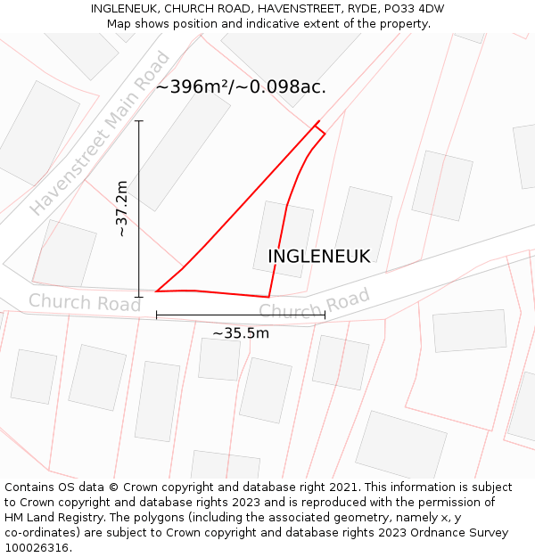 INGLENEUK, CHURCH ROAD, HAVENSTREET, RYDE, PO33 4DW: Plot and title map