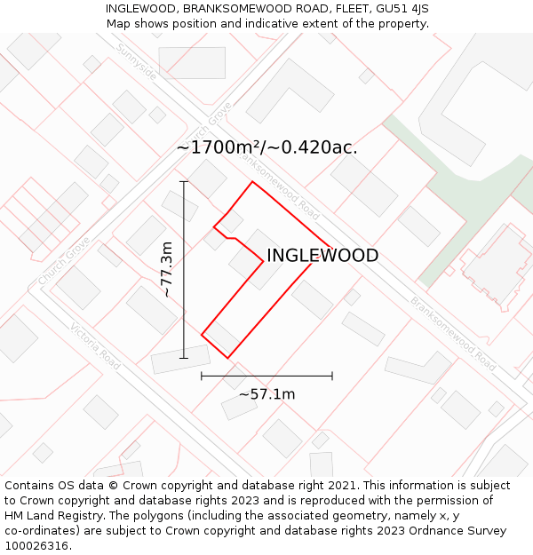 INGLEWOOD, BRANKSOMEWOOD ROAD, FLEET, GU51 4JS: Plot and title map