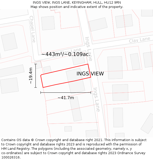 INGS VIEW, INGS LANE, KEYINGHAM, HULL, HU12 9RN: Plot and title map