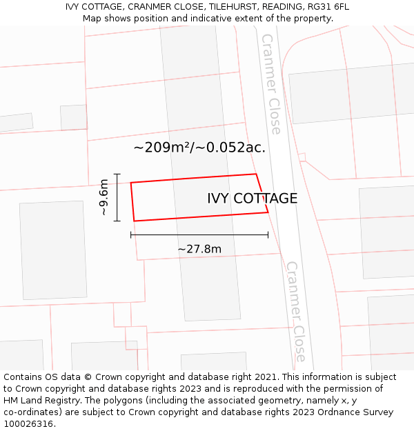 IVY COTTAGE, CRANMER CLOSE, TILEHURST, READING, RG31 6FL: Plot and title map
