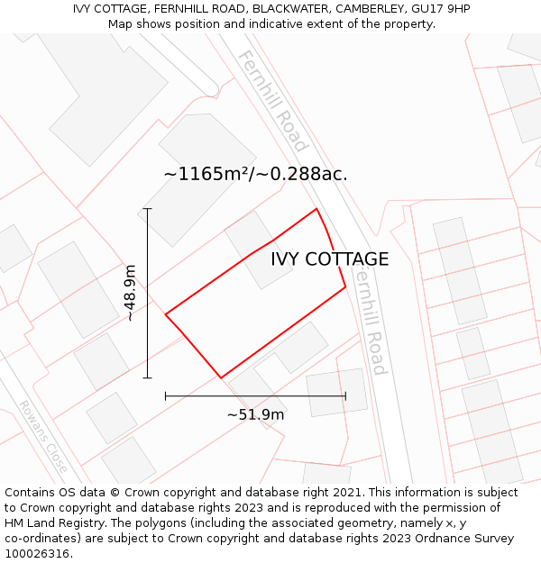 IVY COTTAGE, FERNHILL ROAD, BLACKWATER, CAMBERLEY, GU17 9HP: Plot and title map