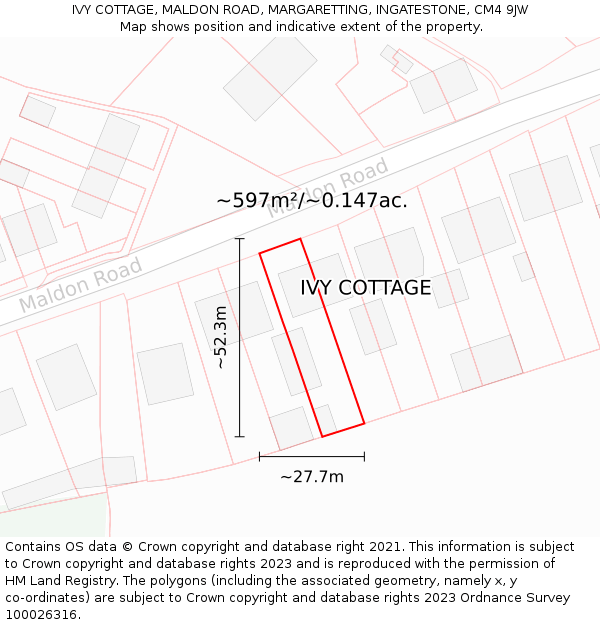 IVY COTTAGE, MALDON ROAD, MARGARETTING, INGATESTONE, CM4 9JW: Plot and title map