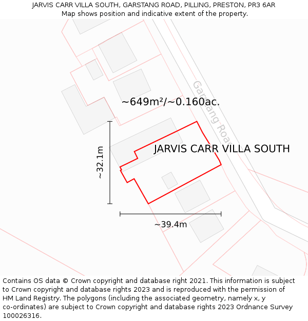 JARVIS CARR VILLA SOUTH, GARSTANG ROAD, PILLING, PRESTON, PR3 6AR: Plot and title map