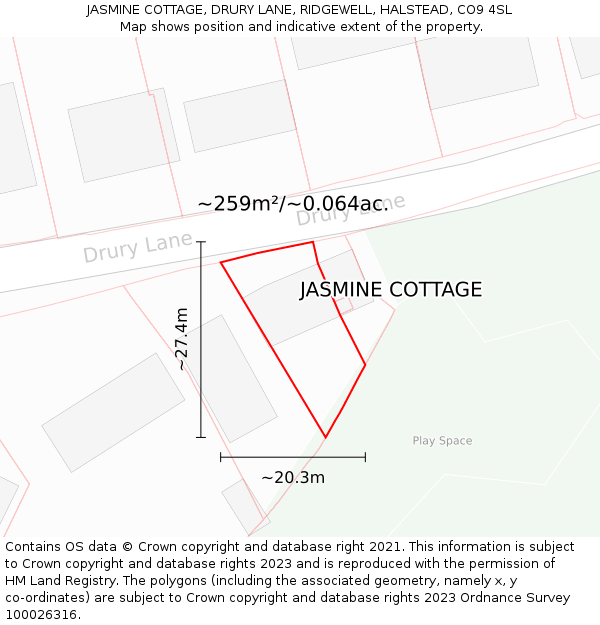 JASMINE COTTAGE, DRURY LANE, RIDGEWELL, HALSTEAD, CO9 4SL: Plot and title map