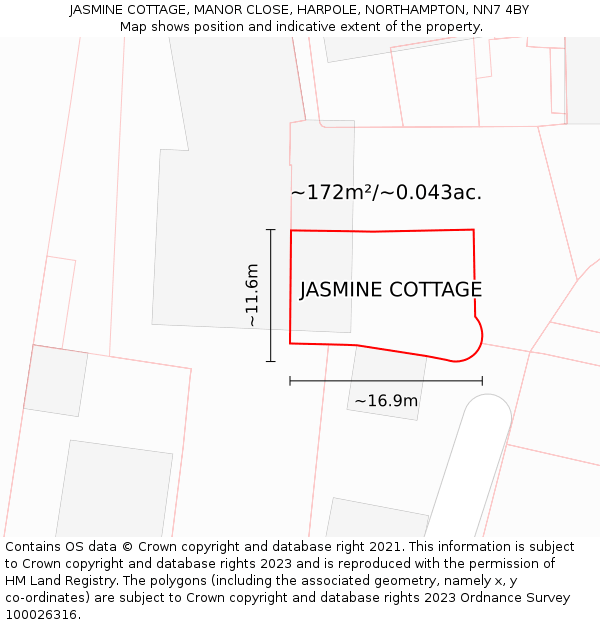 JASMINE COTTAGE, MANOR CLOSE, HARPOLE, NORTHAMPTON, NN7 4BY: Plot and title map