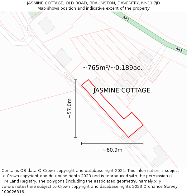 JASMINE COTTAGE, OLD ROAD, BRAUNSTON, DAVENTRY, NN11 7JB: Plot and title map