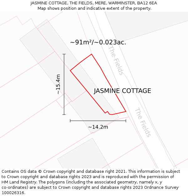 JASMINE COTTAGE, THE FIELDS, MERE, WARMINSTER, BA12 6EA: Plot and title map