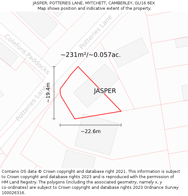 JASPER, POTTERIES LANE, MYTCHETT, CAMBERLEY, GU16 6EX: Plot and title map