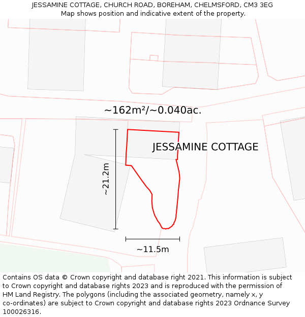 JESSAMINE COTTAGE, CHURCH ROAD, BOREHAM, CHELMSFORD, CM3 3EG: Plot and title map
