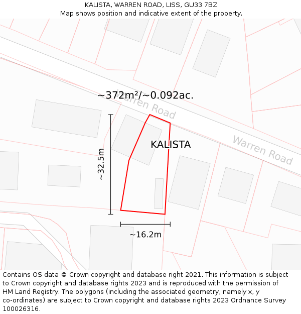 KALISTA, WARREN ROAD, LISS, GU33 7BZ: Plot and title map