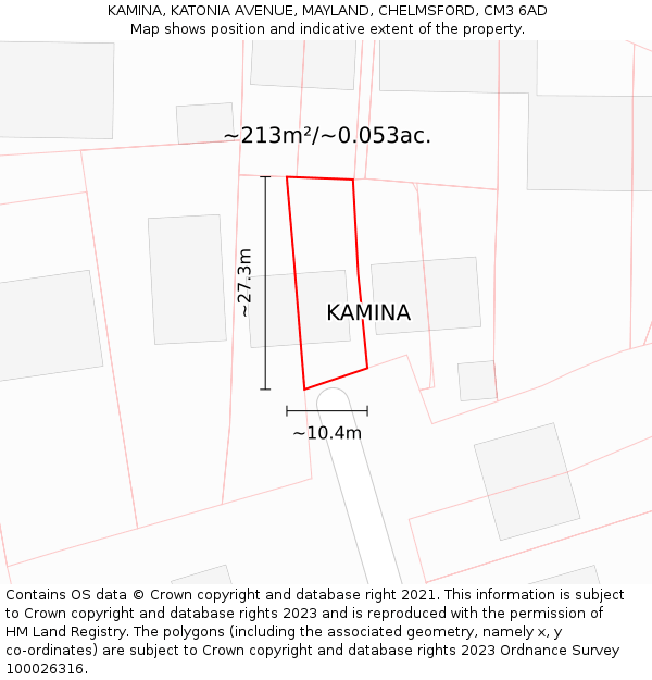 KAMINA, KATONIA AVENUE, MAYLAND, CHELMSFORD, CM3 6AD: Plot and title map