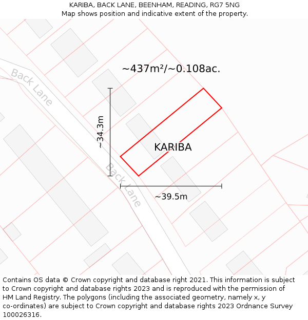 KARIBA, BACK LANE, BEENHAM, READING, RG7 5NG: Plot and title map