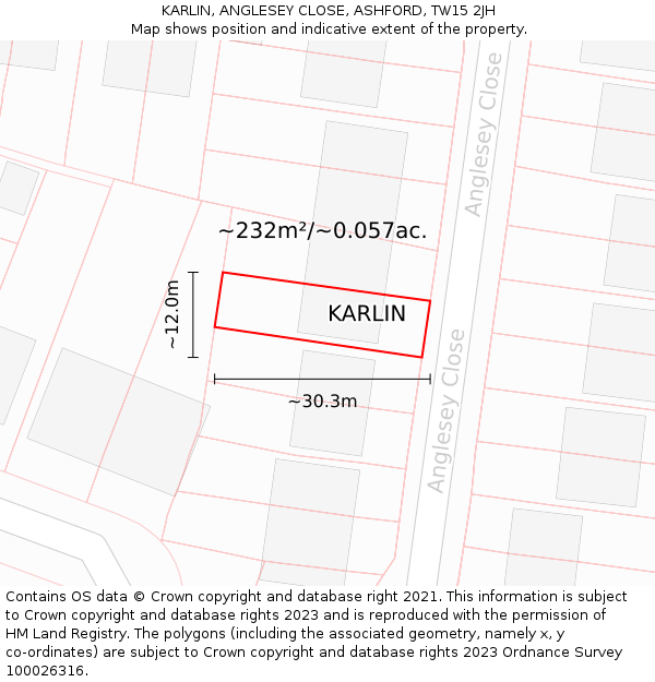 KARLIN, ANGLESEY CLOSE, ASHFORD, TW15 2JH: Plot and title map