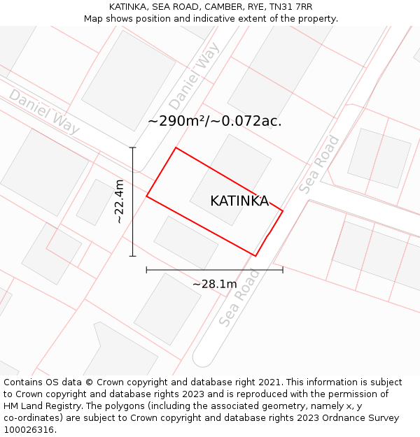 KATINKA, SEA ROAD, CAMBER, RYE, TN31 7RR: Plot and title map