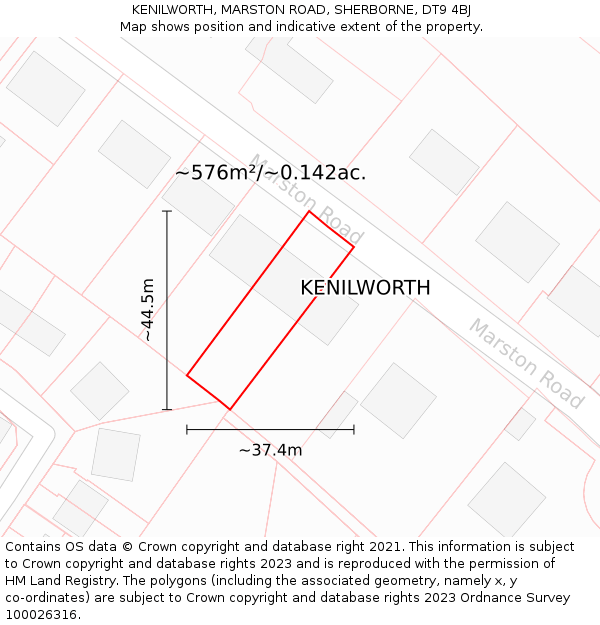 KENILWORTH, MARSTON ROAD, SHERBORNE, DT9 4BJ: Plot and title map