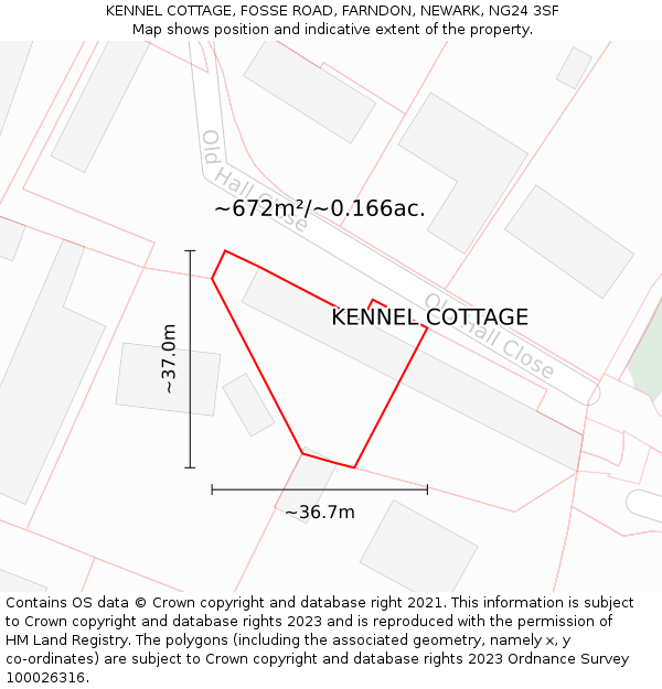 KENNEL COTTAGE, FOSSE ROAD, FARNDON, NEWARK, NG24 3SF: Plot and title map