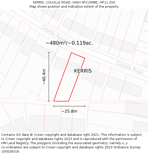 KERRIS, COLVILLE ROAD, HIGH WYCOMBE, HP11 2SX: Plot and title map